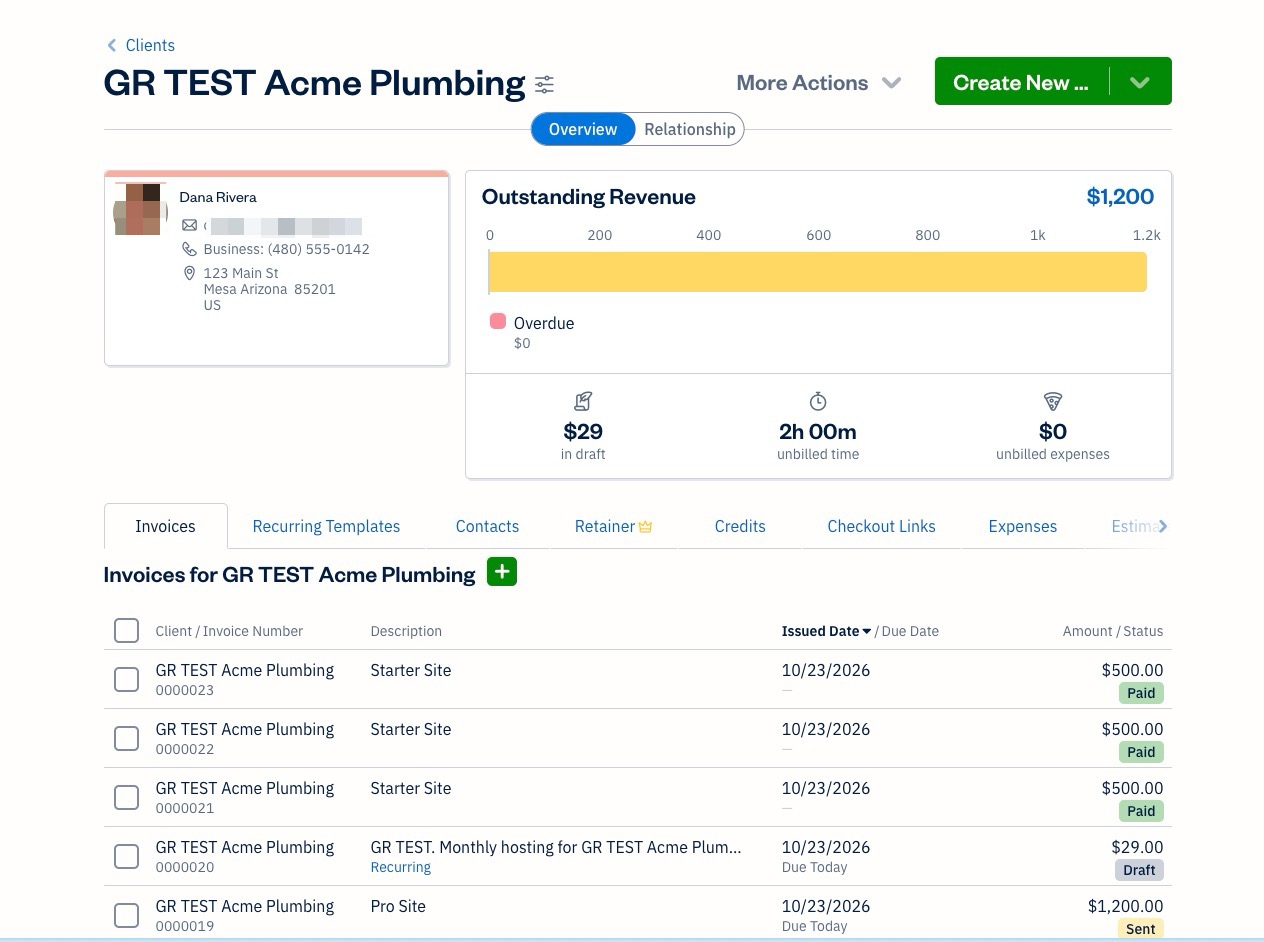 FreshBooks client page created from a Gravity Forms submission, with name, phone, address, invoices and 2 hours of unbilled time