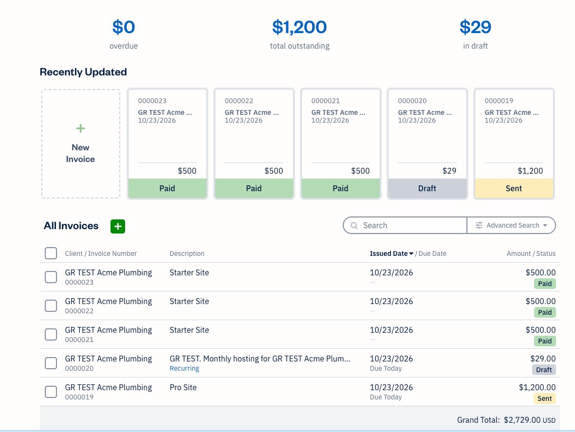 FreshBooks invoice list with paid $500 invoices, a $29 recurring draft and a sent $1,200 invoice created by Gravity Forms
