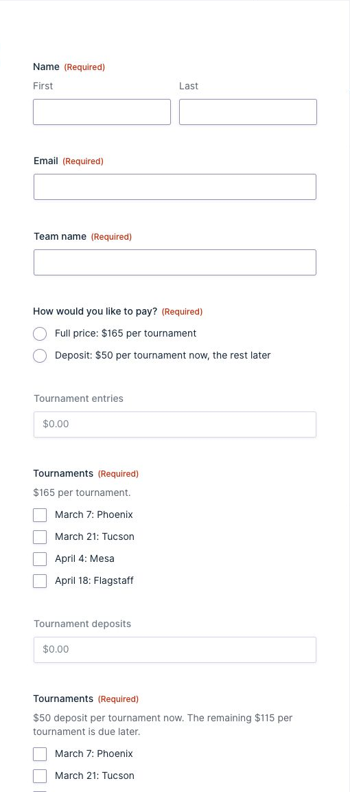 The form editor showing the payment choice, both hidden products, and the two Tournaments lists priced at $165 and $50