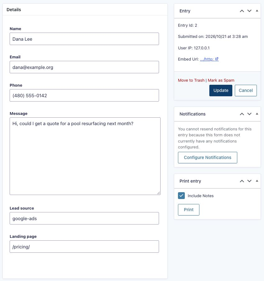 The same entry in edit mode, with the Lead source and Landing page fields shown and editable