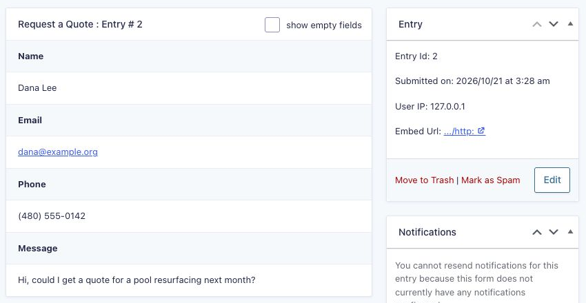 Entry details for a quote request: Name, Email, Phone and Message show, while the tagged Lead source and Landing page fields are left off