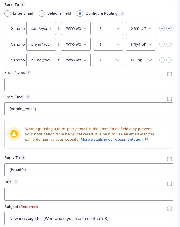Notification settings with Send To set to Configure Routing: one rule per staff member, Reply To set to the Email field and the person in the subject
