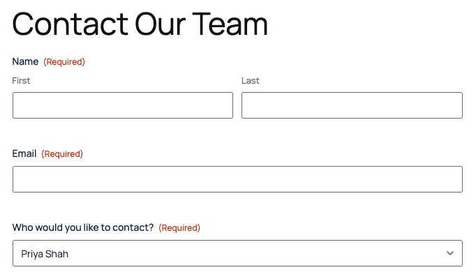 A contact form opened from a link that names Priya Shah, showing Priya Shah already selected in the Who would you like to contact? drop down
