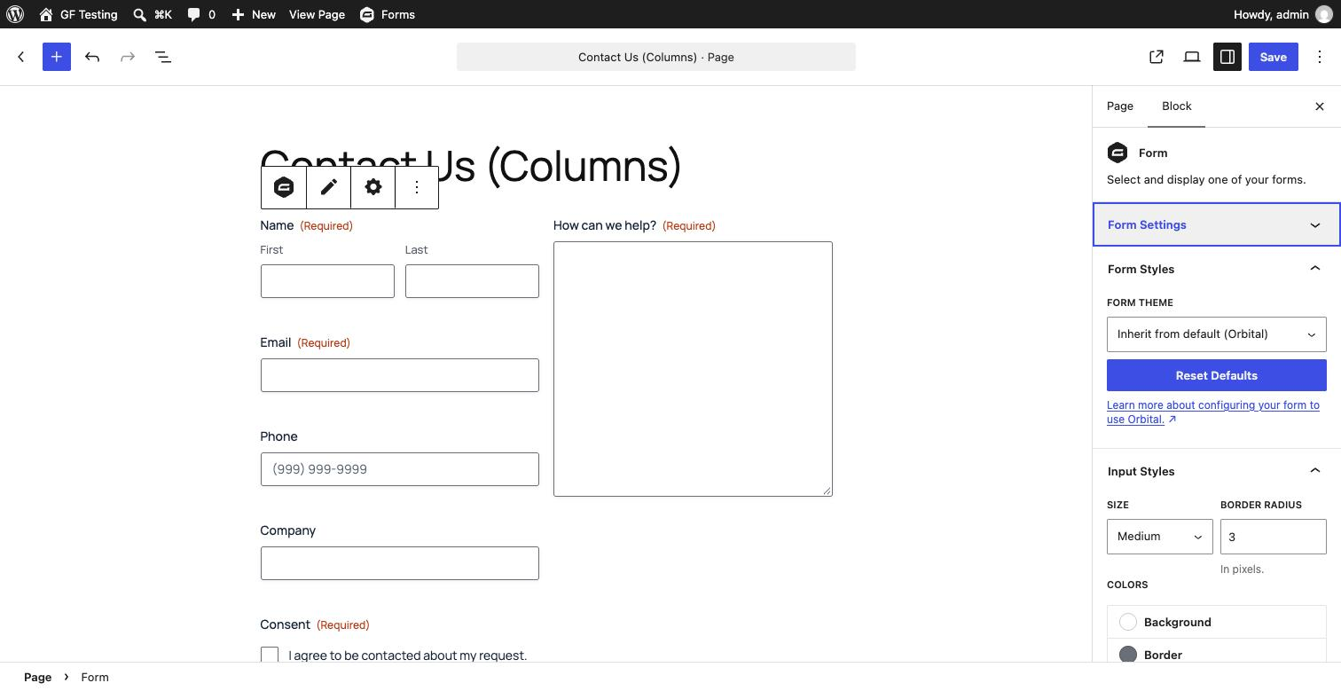 The Gravity Forms block selected in the WordPress editor, with Form Styles (Orbital theme) and Input Styles (size, border radius, colors) in the sidebar