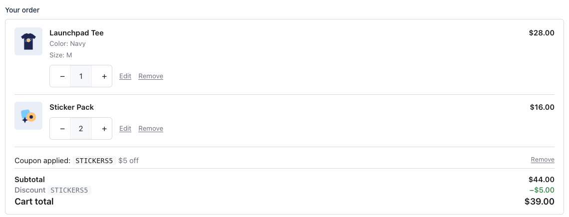 Gravity Forms Cart Summary field on the checkout form with a $5 coupon applied and a $39 cart total