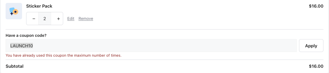 Gravity Forms Cart coupon box showing You have already used this coupon the maximum number of times