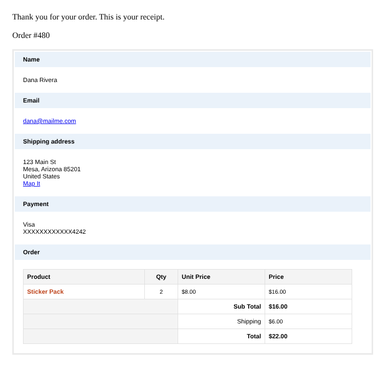 Gravity Forms Cart customer receipt email with name, email, shipping address, payment and order table
