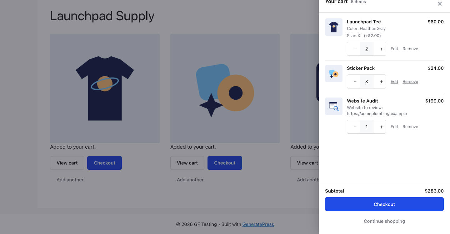 Gravity Forms Cart slide-out drawer with a t-shirt, sticker pack and website audit, quantities and a $283 subtotal