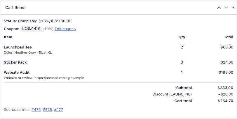 Cart Items box on a Gravity Forms entry with status Completed, coupon, items and links to the source entries