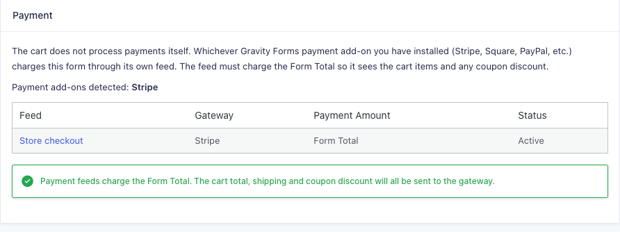 Gravity Forms Cart checkout form Payment panel showing the Stripe feed charging Form Total