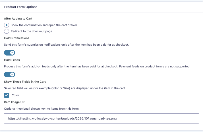 Gravity Forms Cart product form options: open the cart drawer, hold notifications, hold feeds, show fields in the cart, item image