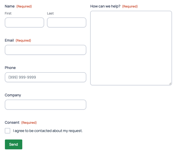 A Gravity Forms contact form restyled with CSS variables: rounded inputs, a lighter border color, dark labels and a green Send button