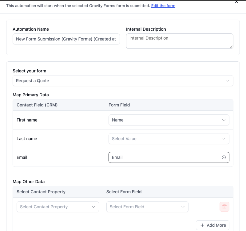 FluentCRM automation trigger settings: Request a Quote form, first name and email mapped