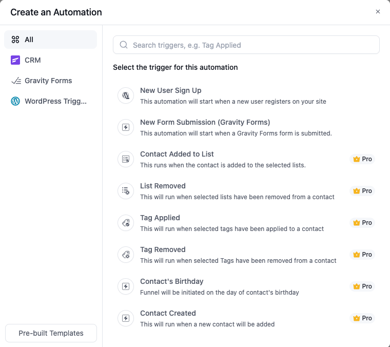 FluentCRM Create an Automation dialog with the New Form Submission (Gravity Forms) trigger