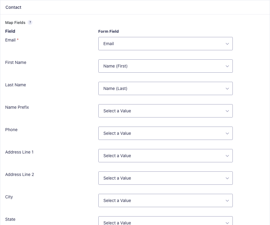 Gravity Forms FluentCRM feed contact field mapping with Email, First Name and Last Name mapped