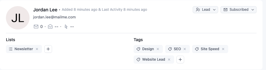FluentCRM contact Jordan Lee, Subscribed, on the Newsletter list with Design, SEO, Site Speed and Website Lead tags