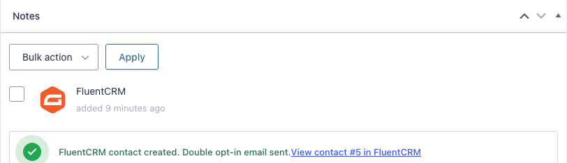 Gravity Forms entry note: FluentCRM contact created, double opt-in email sent, with a link to the contact
