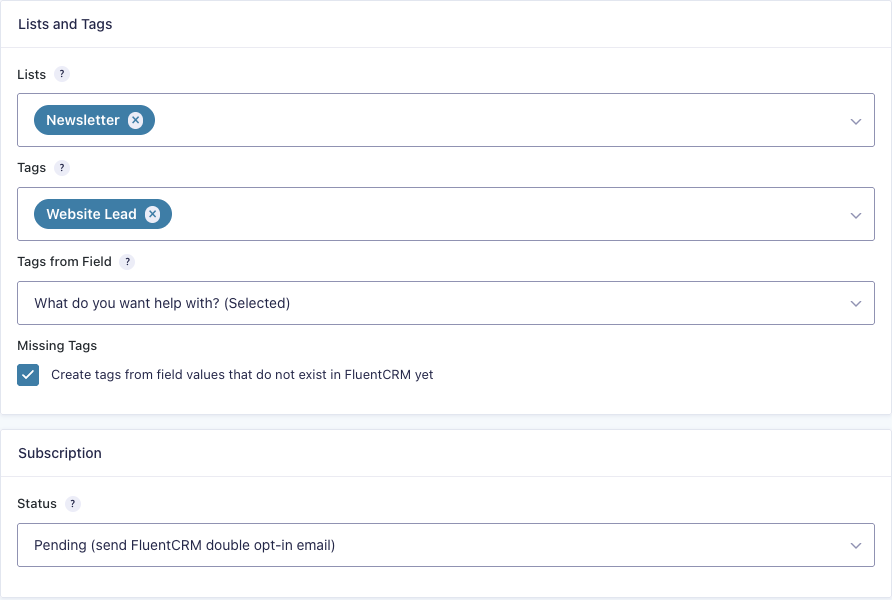 FluentCRM feed Lists and Tags settings with Newsletter list, Website Lead tag, tags from field and Pending status