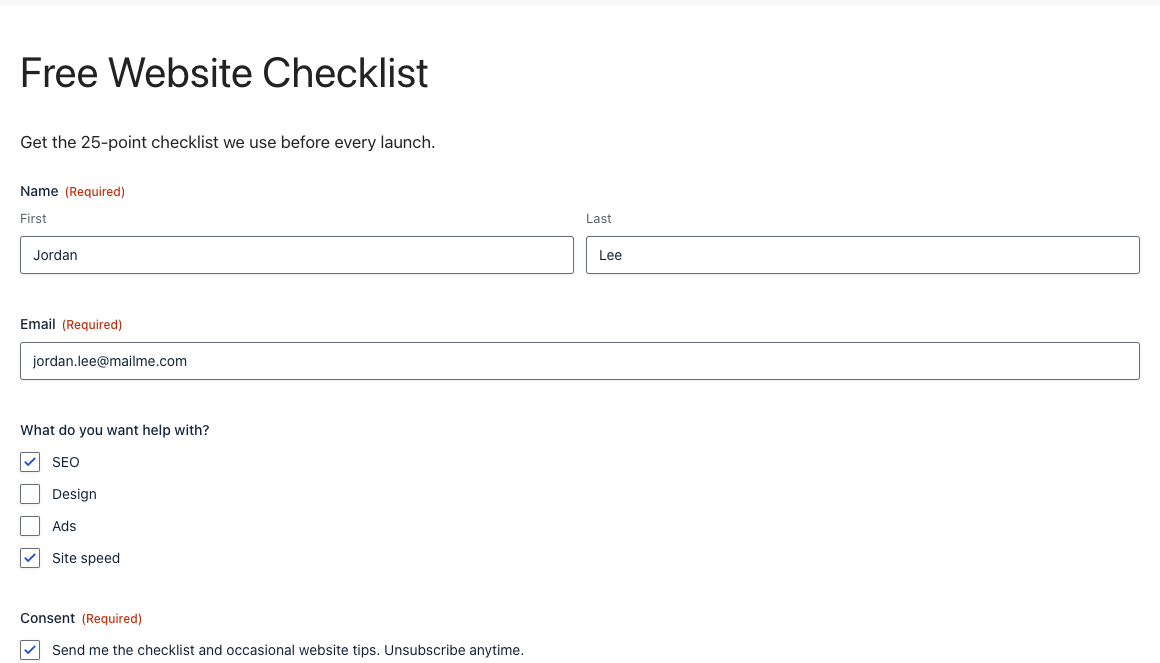 Gravity Forms opt-in form with name, email, interests checkboxes and consent