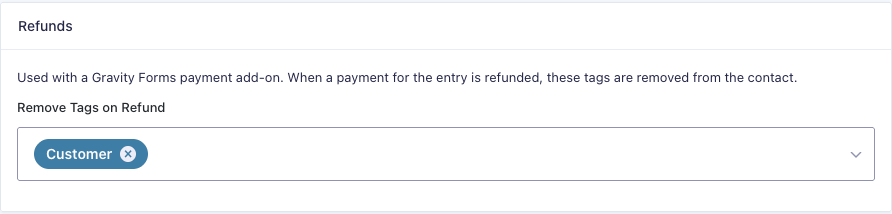 FluentCRM feed Refunds setting with the Customer tag selected under Remove Tags on Refund