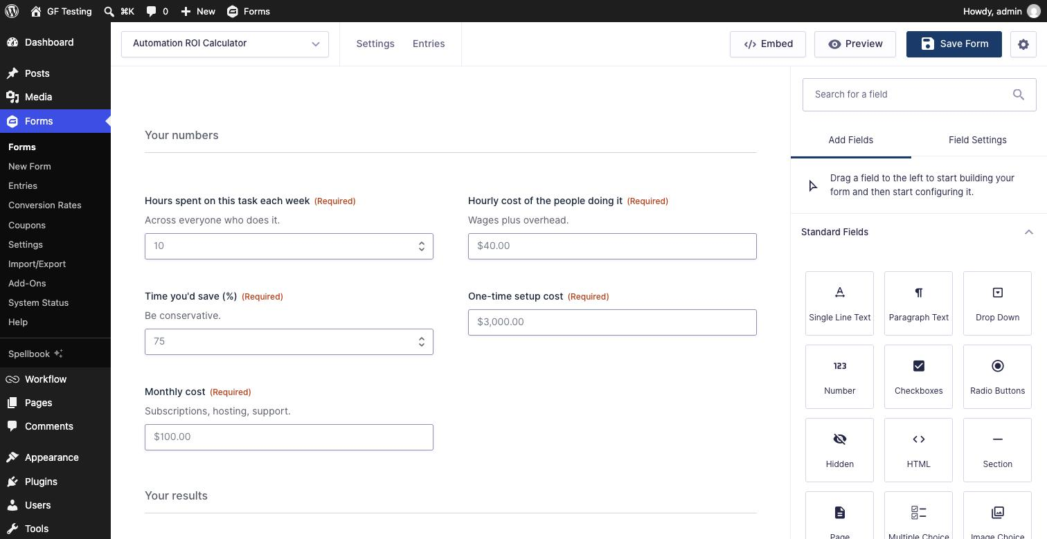 The Gravity Forms form editor: the form in the middle and field types such as Single Line Text, Number, Checkboxes and Drop Down on the right