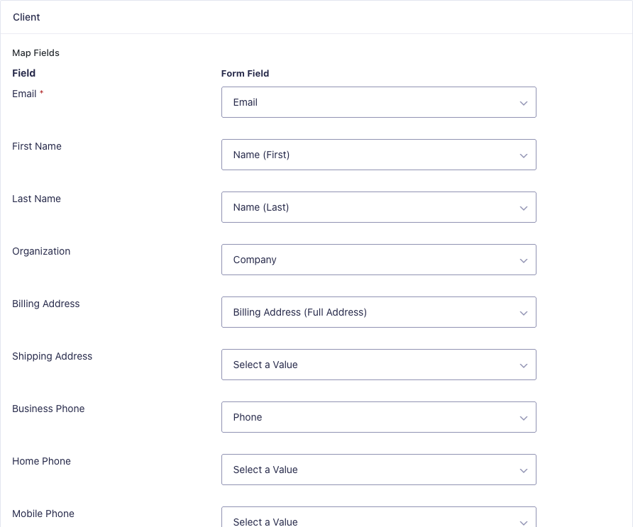 FreshBooks client field mapping in a Gravity Forms feed: email, first name, last name, organization, billing address and phone