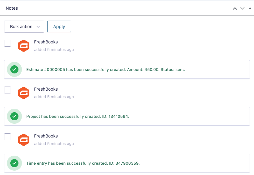 Gravity Forms entry notes showing a FreshBooks estimate, project and time entry were created