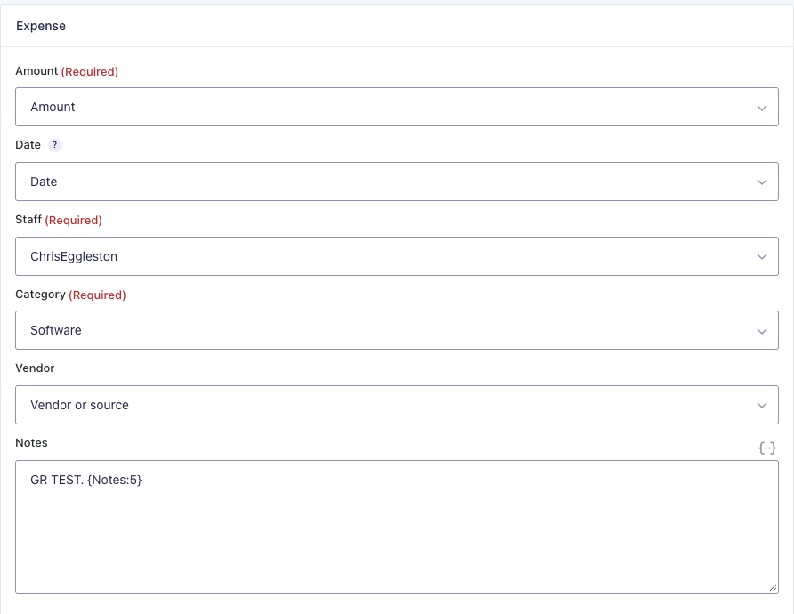 Gravity Forms FreshBooks expense feed with amount, date, staff, category, vendor and notes
