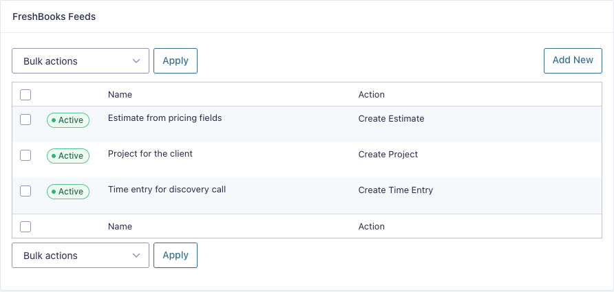 FreshBooks feeds list on a Gravity Forms form with estimate, project and time entry feeds