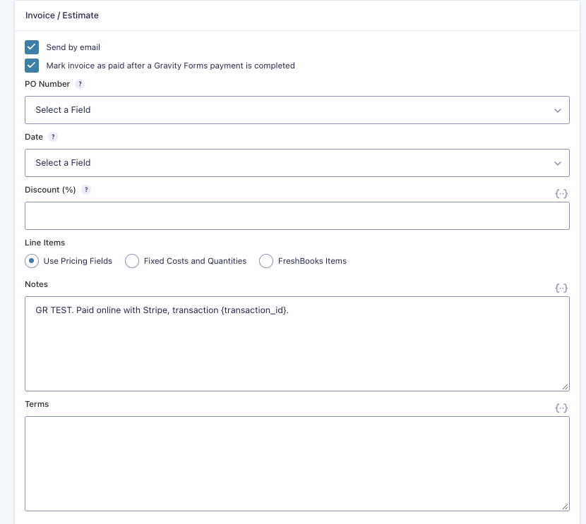 Gravity Forms FreshBooks invoice feed settings with Send by email, Mark invoice as paid, line items and notes