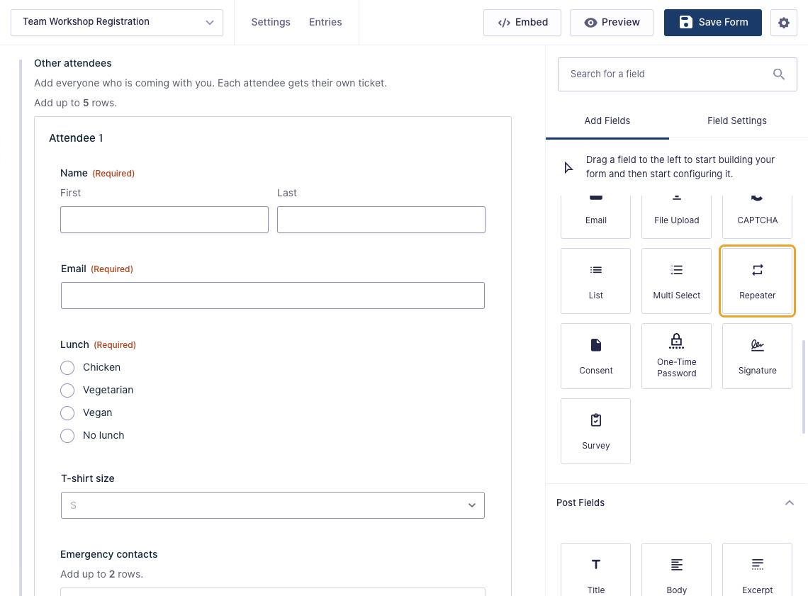 Gravity Forms form editor Add Fields panel with the Repeater field highlighted under Advanced Fields