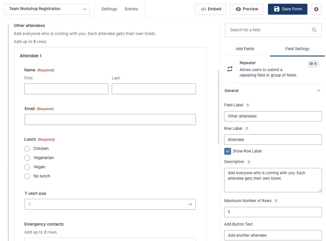 Gravity Forms Repeater field settings with Row Label Attendee, Show Row Label, description, Maximum Number of Rows 5 and Add Button Text