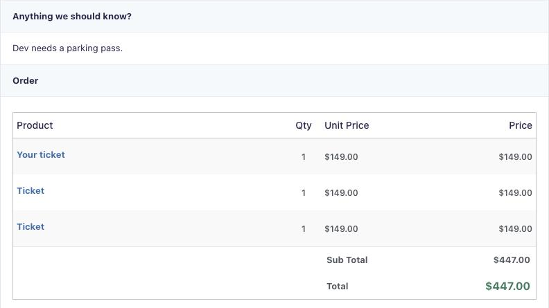 Gravity Forms entry order summary with Your ticket and two Ticket lines at $149 each, total $447