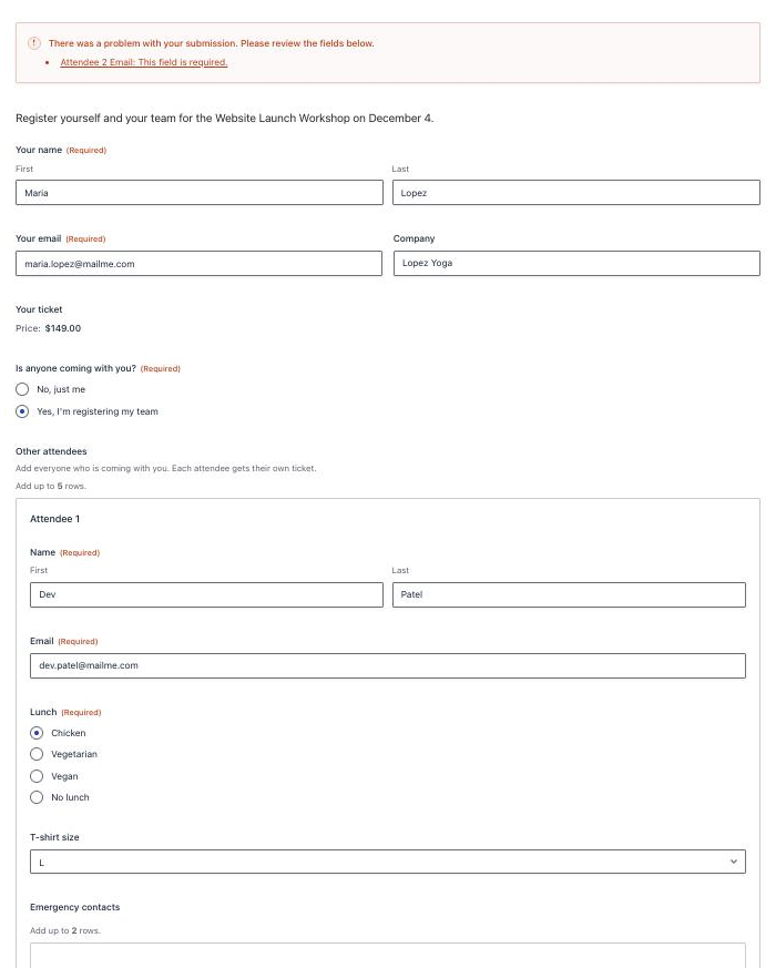 Gravity Forms validation message Attendee 2 Email: This field is required, above a filled-in workshop registration form