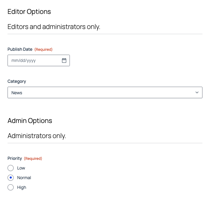 The same form for an administrator, with both the Editor Options and Admin Options sections showing