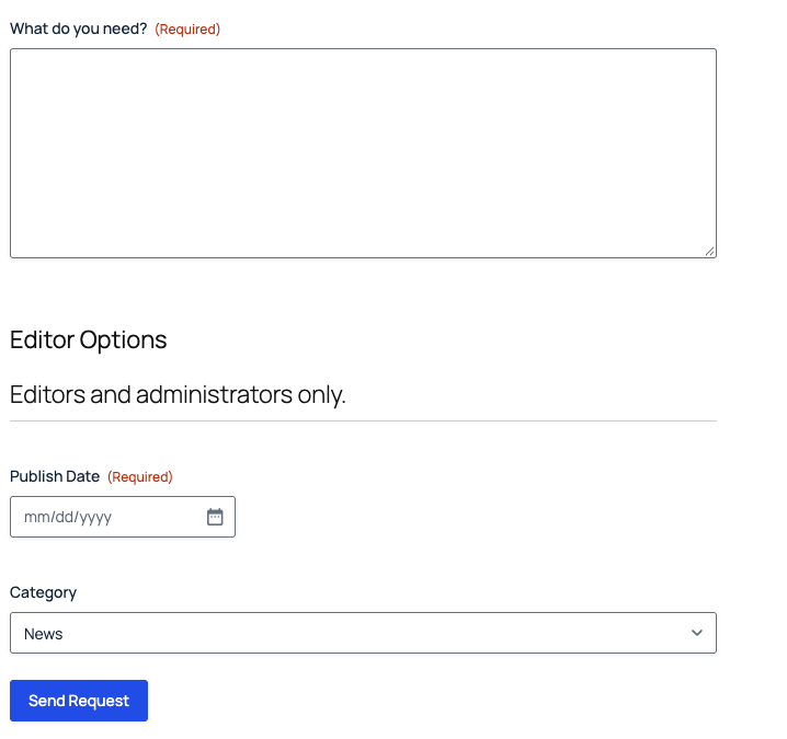 The same form for an editor, with the Editor Options section showing Publish Date and Category