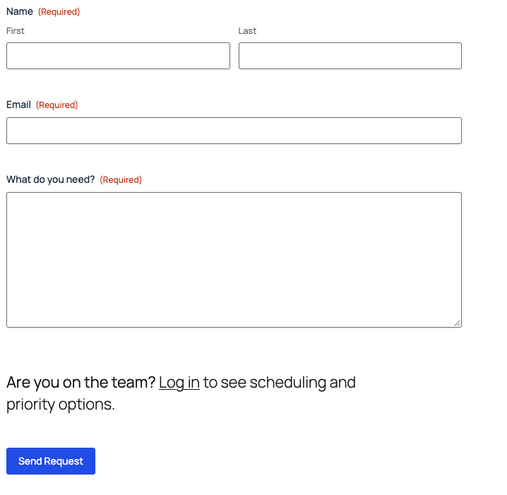 The Content Request form for a visitor who is not logged in: name, email, request and a message asking team members to log in