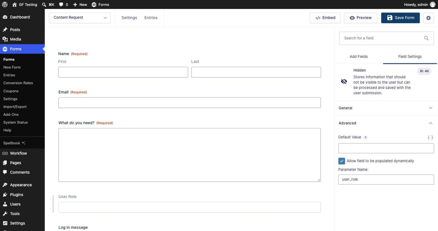 The User Role hidden field in the form editor, with Allow field to be populated dynamically checked and the parameter name user_role